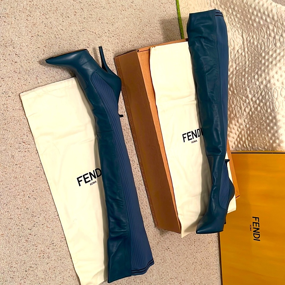 Fendi Blue Rockoko Over the Knee Boots. New w/box, tags, carry bags.
